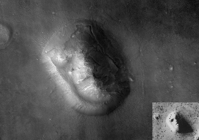 2007년 미국 항공우주국(NASA)의 화성 정찰궤도선(MRO)이 찍은 ‘인면암’의 모습. 작은 사진은 1976년 바이킹 1호가 촬영한 인면암이다. NASA 제공