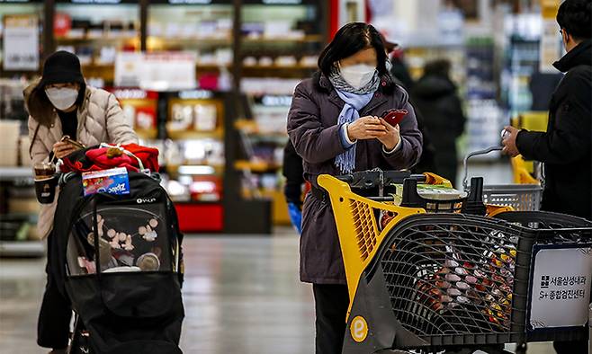 29일 서울시내 대형마트를 찾은 시민들이 마스크를 쓴 채 장을 보고 있다. 뉴시스