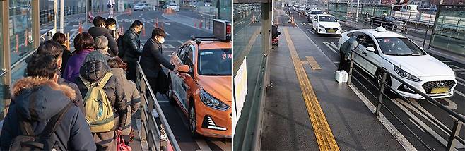 택시비 인상 첫날 오전 8시 45분… 서울역 승강장 가보니… 요금인상 전 / 요금인상 후 - 지난달 31일 오전 8시 45분쯤 서울역 택시 승강장. 승객 10여 명이 줄을 서 택시를 기다리고 있다(왼쪽). 반면 1일 같은 시각 이 승강장에는 택시만 가득할 뿐 승객들은 거의 보이지 않는다(오른쪽). 이날 오전 4시부터 서울 중형 택시 기본요금이 3800원에서 4800원으로 1000원 올랐다. 택시 기사들은 “그 여파로 당분간 손님이 많지 않을 것”이라고 했다. /연합뉴스