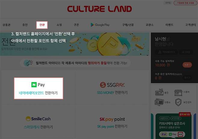 컬쳐랜드의 경우 회원가입 후 문화상품권을 컬쳐캐시로 전환하고, 전환에서 네이버페이 포인트를 선택한다. 출처=IT동아
