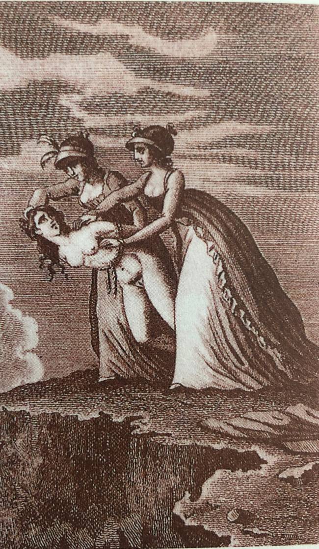 악녀의 번영을 그린 책 ‘쥘리에트’내 삽화. 우정을 헌신짝처럼 여긴 쥘리에트가 공모자와 함께 자신의 친구를 베수비오 화산에 던지는 모습이다.