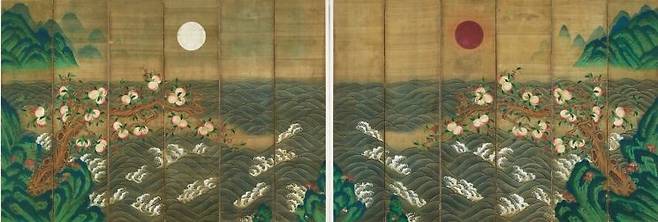 일월반도도12폭병풍, 19세기, 비단에 채색, 개인소장. [사진제공 = 아모레퍼시픽갤러리]