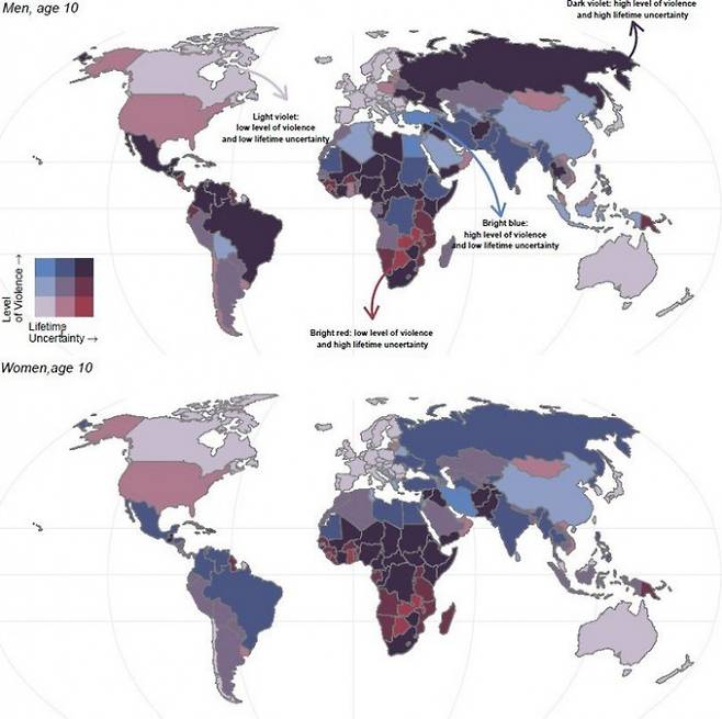 전 세계 각국의 폭력성과 기대수명을 나타냈다. 위는 남성, 아래는 여성이다. 빨간색, 보라색, 파란색 순으로 폭력성이 높은 국가다. 색이 진할수록 기대수명이 낮아진다. 아부다비 뉴욕대 제공