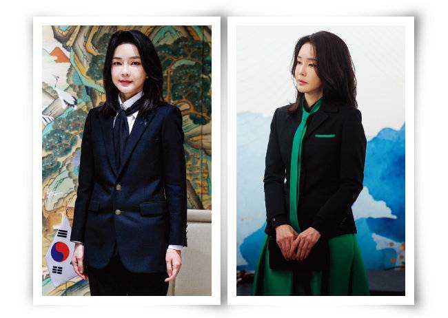 김 여사는 트윌리 스카프를 활용해 패션에 우아함과 커리어우먼 이미지를 더한다. [뉴스1, 대통령실 제공]