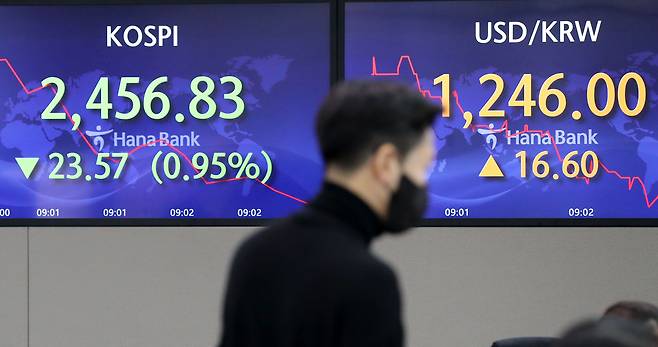 6일 오전 서울 중구 하나은행 딜링룸 전광판에 환율이 표기되어 있다. /뉴스1