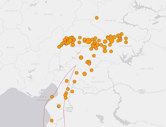7일 튀르키예(터키)에서 발생한 규모 7.8의 대지진 이후 최소 100여개 이상의 크고 작은 여진이 발생했다. (USGS 갈무리)