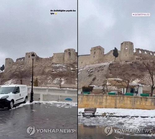 가지안테프성이 지진으로 일부 파손된 모습. 로이터통신이 소셜미디어 영상을 캡처한 것. [로이터=연합뉴스]