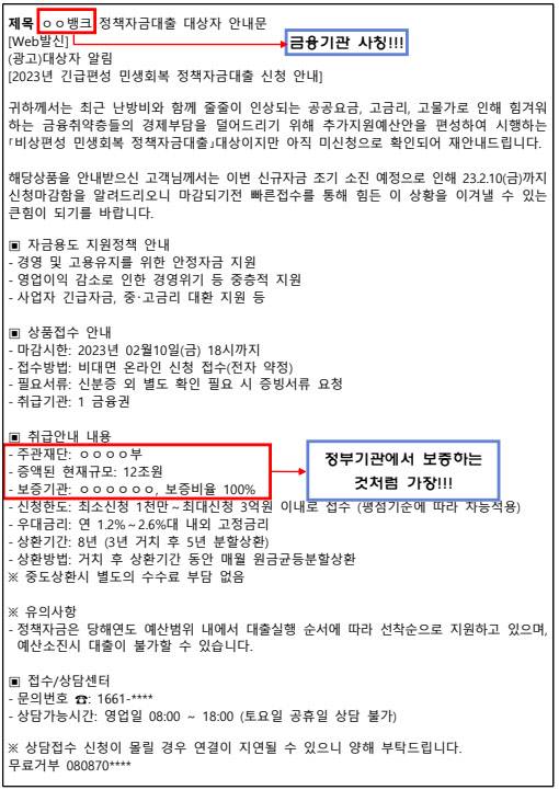 보이스피싱 실제 사기 문자 예시. 금융감독원 제공
