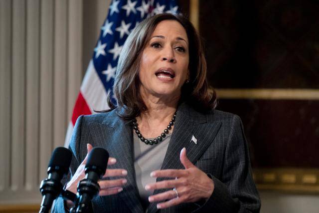 카멀라 해리스 미국 부통령이 6일 미국 워싱턴DC 백악관 내 아이젠하워 행정동에서 열린 북중미 이주 관련 간담회에서 발언하고 있다. 워싱턴DC=EPA 연합뉴스