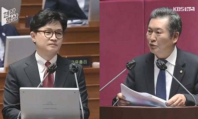 한동훈 법무부 장관(왼쪽)과 더불어민주당 정청래 의원이 6일 국회 본회의에서 열린 정치·외교·통일·안보 분야 대정부질문에서 설전을 벌이고 있다. KBS 보도화면 캡처