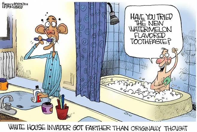 버락 오바마 당시 미국 대통령에게 ‘수박’ 향이 나는 치약을 권해 논란이 된 보스턴 헤럴드 만평. [보스턴 헤럴드]