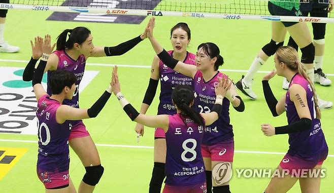 기뻐하는 흥국생명 선수들 (수원=연합뉴스) 홍기원 기자 = 7일 경기도 수원실내체육관에서 열린 프로배구 V리그 여자부 현대건설 힐스테이트와 흥국생명 핑크스파이더스의 경기. 득점에 성공한 흥국생명 선수들이 기뻐하고 있다. 2023.2.7 xanadu@yna.co.kr