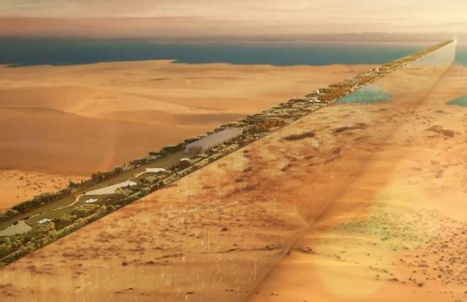 중동 국가들이 고유가로 벌어들인 돈으로 새로운 초대형 건설 프로젝트를 추진하면서 한국에 '제 2의 중동 진출' 바람이 불고 있다. 사진은 사우디 아라비아가 사막에 건설을 추진하고 있는 일직선 모양의 신도시 '네옴'의 조감도./네옴