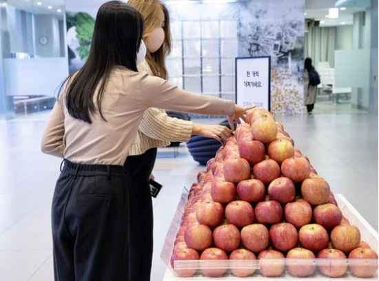 현대카드가 지난 6일 서울 여의도 현대카드 본사 사옥 로비에서 출근길 임직원들에게 사과를 증정하는 깜짝 이벤트를 열었다. (현대카드 제공)