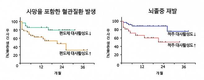 편도체 및 척추 대사활성도에 따른 무사건 생존율 분석. 서울대병원 제공