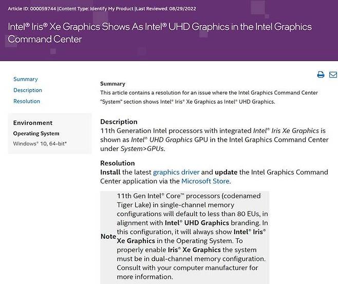 단일 채널 메모리 환경에서 인텔 아이리스 Xe 그래픽은 ‘인텔 UHD 그래픽’으로 이름이 표시된다 (출처=인텔)