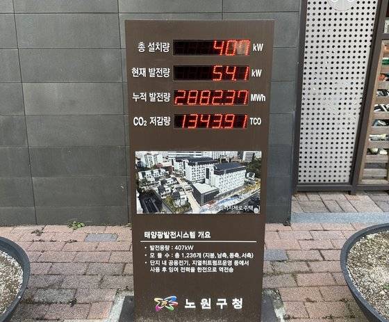 노원 이지하우스 단지 안에 설치된 발전량 현황판. 천권필 기자