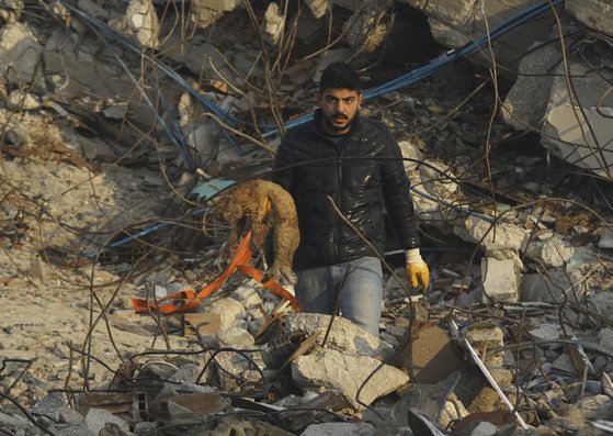 한 남성이 9일 튀르키예 하타이주 지진 피해 현장에서 기운이 빠진 고양이를 들고 걸어나오고 있다. AP=연합뉴스