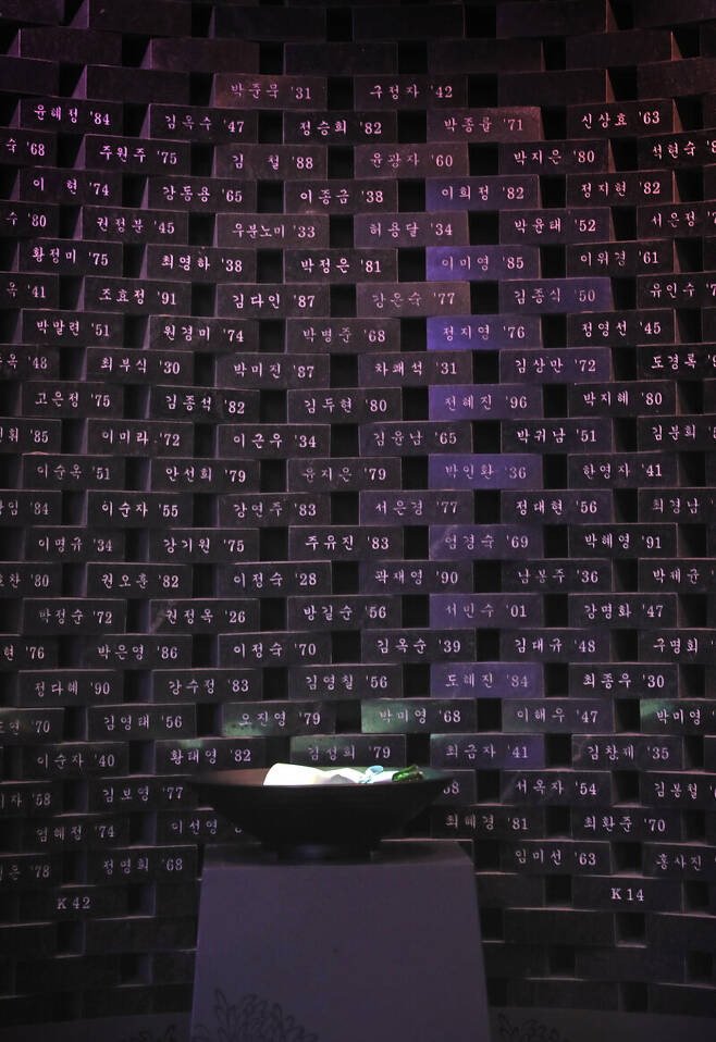 대구 중앙로역 지하 1층, ‘기억 공간’ 가운데 참사 희생자 이름을 새긴 추모벽 앞에 추모 꽃다발이 놓인 모습. 이정용 선임기자 lee312@hani.co.kr