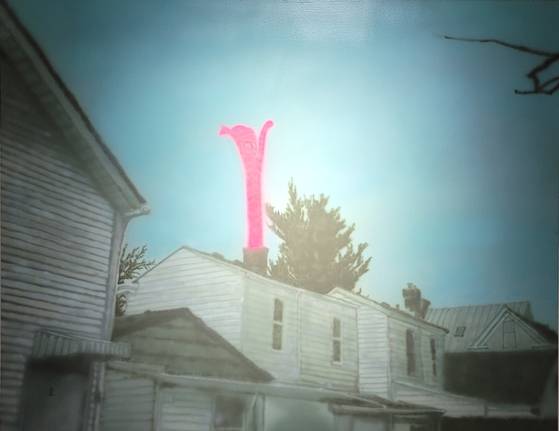 미술가 노상호가 AI가 배치한 이미지를 에어브러시로 화폭에 옮긴 그림. 문소영 기자