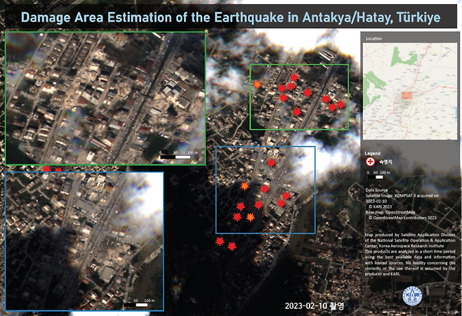 한국의 다목적 실용위성 3호 카메라가 지난 10일 찍은 튀르키예 안타키아 지역의 모습. 한국이 보유한 인공 사진은 튀르키예 지진 피해 대응에 활용된다. 과학기술정보통신부 제공