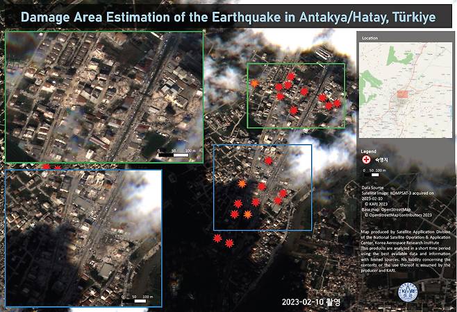 튀르키예 피해지역 중 동남부 하타이 안타키아 지역 위성 영상 사진.[과기정통부 제공]