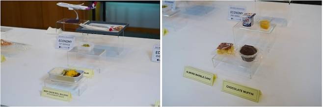 이코노미 메뉴 ‘돈부리 소스를 곁들인 소불고기’, ‘아몬드 마블 케이크, 초콜릿 머핀 등 가벼운 간식’ /사진= 이인솔, 정승아 여행+ 인턴 PD