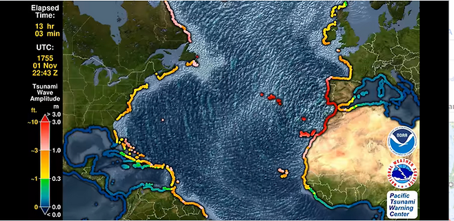 미국 해양대기청(NOAA)이 1755년 대지진을 시뮬레이션한 결과. 지진 발생 12시간 후 아메리카 대륙 북단부터 남아메리카 브라질 지역까지 쓰나미가 닥친 것을 확인할 수 있다