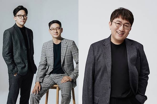 ▲ 왼쪽부터 이성수 탁영준 SM 공동대표와 방시혁 하이브 의장. 제공|SM엔터테인먼트 하이브