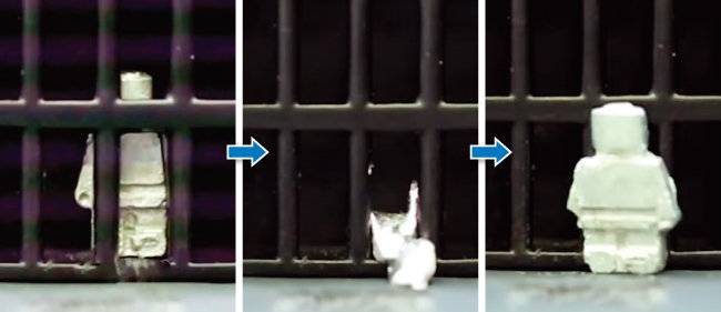 고체에서 액체로 변하면서 철창을 통과하는 ‘자기 활성 고체-액체 상 전이 기계(MPTM)’. [저널 ‘매터’ 제공]