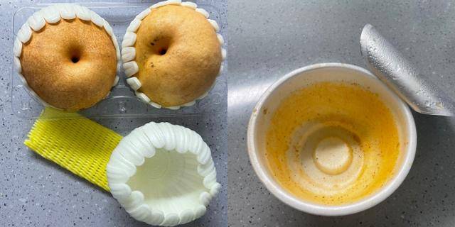 과일을 싸고 있는 EPE 완충재(왼쪽)와 이물질이 제대로 제거되지 않은 컵라면 용기. 오지혜 기자