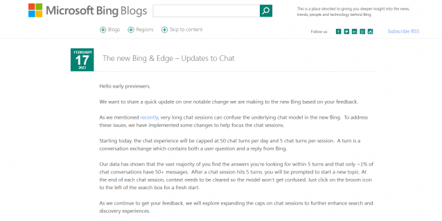 마이크로소프트는 빙에 탑재된 챗봇 이용 횟수에 제한을 뒀다. (사진=마이크로소프트 블로그)