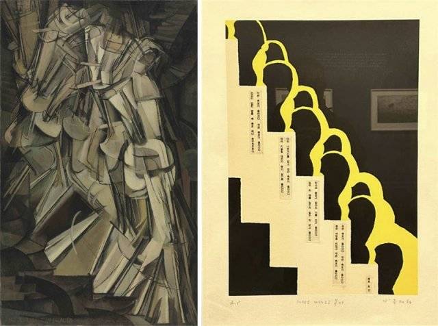 기억은 선택 기준을 동반한다는 점에서 기억하는 자의 정체성과도 같다. 프랑스 작가 마르셀 뒤샹의 ‘계단을 내려오는 누드 넘버 2’(왼쪽 사진)와 주재환의 작품 ‘계단을 내려오는 봄비’. 주재환은 정적인 누드의 전통을 비튼 뒤샹의 이 작품에 최민의 시 ‘폭포’와 오줌을 누는 이미지를 덧입혔다. 뒤샹, 최민, 주재환 작가 모두 예술을 통해 기성 질서에 끊임없이 저항했다. 사진 출처 위키피디아