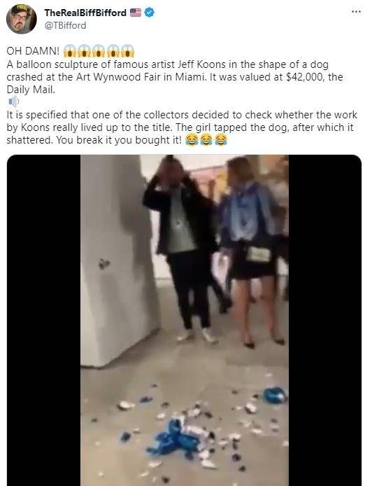 ▲VIP 관객 실수로 박살 난 제프 쿤스의 '풍선개' 사진 : 트위터