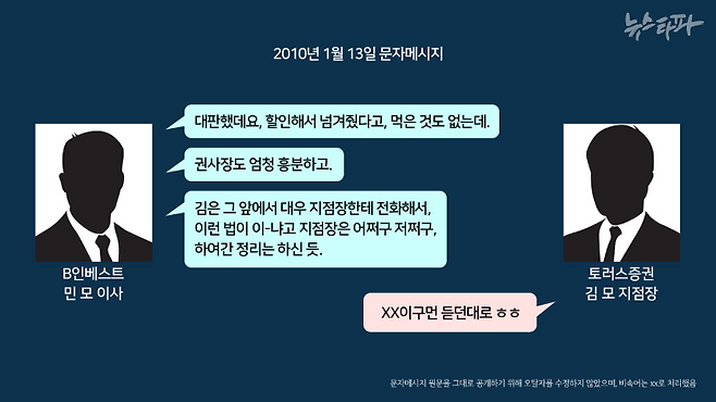 검사가 법정에서 공개한 2011년 1월 13일자 문자 메시지. 원문을 그대로 공개하기 위해 오탈자를 수정하지 않았으며 비속어는 XX로 처리했다.&nbsp;