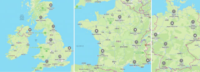 사진 왼쪽부터 영국, 프랑스, 독일 지역 애플 스토어 분포도 (사진= 애플 공식홈페이지 지도 갈무리)