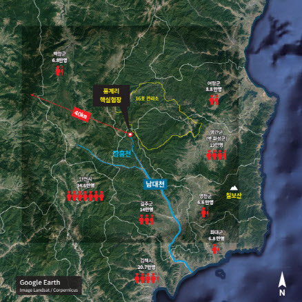 풍계리 핵실험장 반경 40㎞ 이내 위험 지역. (사진=전환기정의워킹그룹)