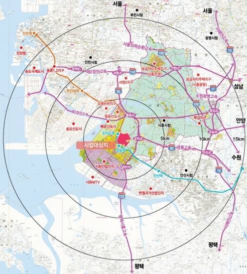 시흥시가 추진 중인 미래형 첨단자동차 클러스터(V-City) 사업이 국토부 협의과정에서 수년째 답보상태에 놓이면서 표류하고 있다. 사진은 V-City 대상지인 시흥시 정왕동 토취장 일원 현황도. 시흥시 제공