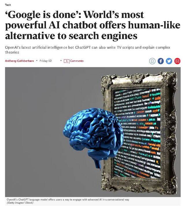 영국 ‘인디펜던트’는 챗GPT의 등장을 두고 “구글은 끝났다(Google is done)”는 도발적인 제목의 기사를 내놓기도 했습니다.