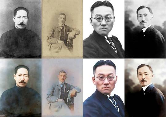 인공지능(AI) 기술로 컬러로 복원된 독립운동가들. 윗줄은 흑백 원본, 아랫줄은 이번에 복원된 컬러 사진. 왼쪽부터 김좌진 장군, 어니스트 토마스 베델, 송진우 선생, 안창호 선생.
국가보훈처 제공