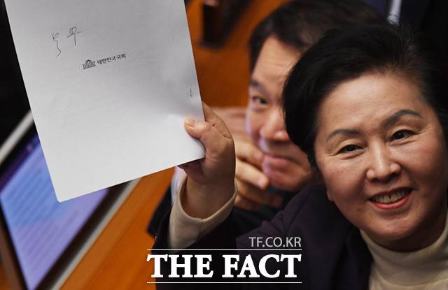 김영선 국민의힘 의원이 27일 오후 서울 여의도 국회 본회의장에서 열린 본회의에서 이재명 더불어민주당 대표의 체포동의안 표결에서 감표 도중 나온 '부'자의 글씨체를 놓고 의논하며 취재진에게 해당 글씨체를 들어보이고 있다.