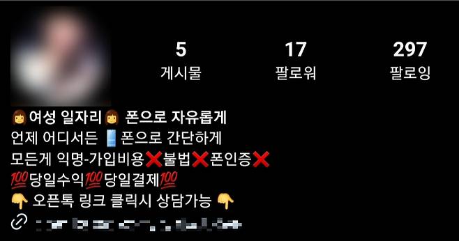 피해자들에게 접근한 인스타그램 계정 프로필 캡처