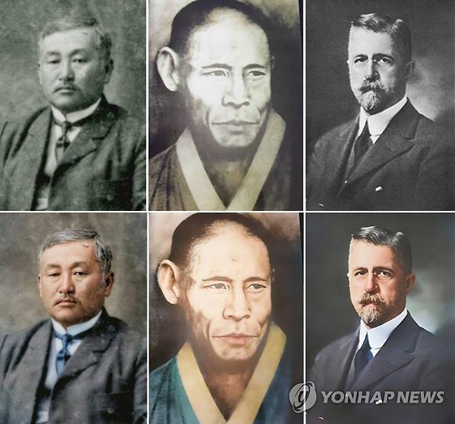 보훈처, 독립운동가 흑백사진 색채 복원 및 영상 콘텐츠 제작 (서울=연합뉴스) 국가보훈처가 27일 독립운동가 14인의 흑백사진을 인공지능(AI) 기술을 활용해 색채 사진으로 복원, 이를 영상으로 제작해 이날부터 대한민국임시정부 수립기념일인 4월 11일까지 서울 광화문광장 대한민국역사박물관 대형 전광판을 통해 송출한다고 밝혔다. 사진은 최재형(왼쪽부터), 한용운, 헐버트 복원 전후 사진. 2023.2.27 [국가보훈처 제공. 재판매 및 DB 금지] photo@yna.co.kr