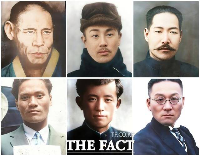 한용운, 이회영, 김좌진, 송진우, 윤동주, 윤봉길(왼쪽위부터 시계방향) 의사의 흑백사진이 컬러사진으로 복원됐다./국가보훈처 제공