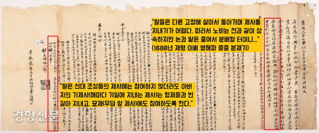‘재령이씨 영해파종의 상속문서’(1688년) 남편을 잃은 부인이 5남 1녀의 자녀들에게 재산을 상속한 내용을 담고 있다. 이때는 “멀리 떨어져서 사는 딸은 제사를 모시기 어렵다”면서 “재산상속의 차별을 둔다”고 명문화했다. |한국국학진흥원 제공