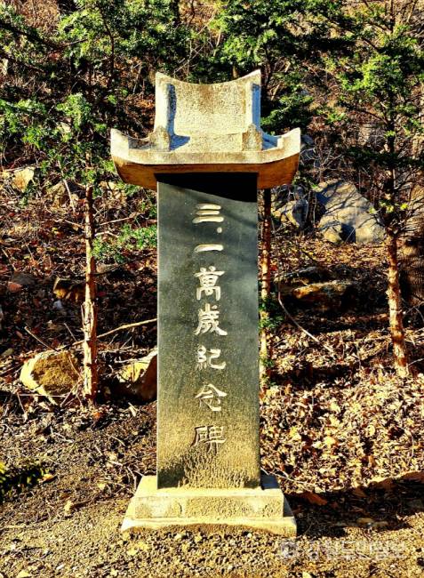 ▲ 1919년 영동남부권 3·1만세운동의 중심역할을 했던 동해 송정지역 독립운동을 선양하기 위해 설치됐던 기념비가 이를 설명하는 표지판 하나 없이 아무 관련없는 지역으로 수차례 옮겨다니며 방치되는 등 수난을 겪고 있다.동해시 동굴로 141(천곡동 933) 일원 냉천공원에 설치돼 있는 3·1만세기념비 모습.