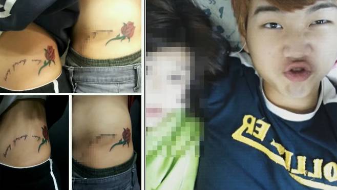 이진호가 피해자로부터 받은 증거라고 공개한 사진. 커플 문신과 사진. (이진호 유튜브 갈무리)