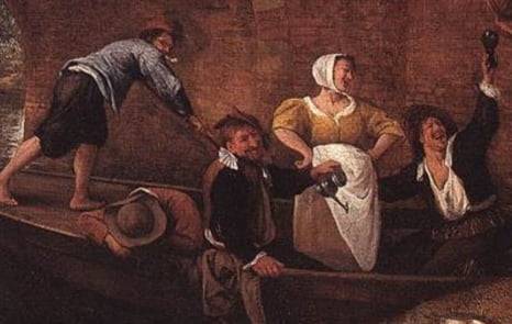 운하를 다니는 배에 올라타 요란하게 작별인사를 하는 이 사람들, 지금으로 치면 택시 타면서 친구들에게 인사하는 사람들이다. 승객 하나는 이미 출발하기도 전에 잠들었다. 노 젓는 사람, 즉 기사님 표정은 좀 짜증나 보인다. 아버지가 양조장 일을 했고 본인도 술을 좋아했던 얀 스틴은 이렇게 술이나 주점과 관련된 그림을 많이 그렸다.