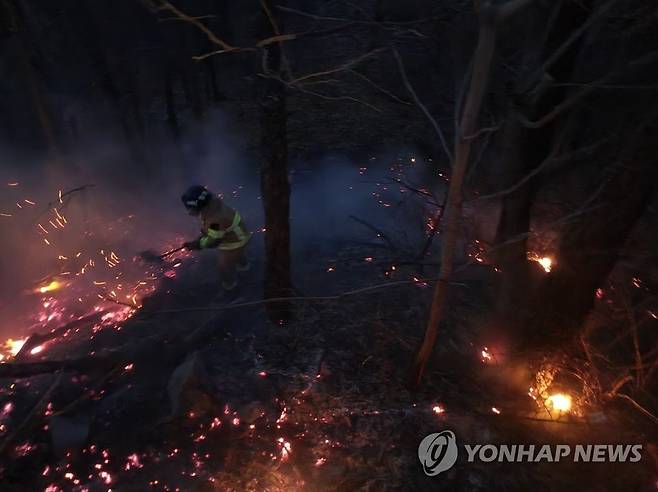 광주 깃대봉 중턱 산불 (광주=연합뉴스) 4일 오후 광주 동구 지산동 조선대학교 뒤편 깃대봉 중턱에서 산불이 나 임야가 소실되고 있다. 2023.3.4 [광주 동부소방서 제공. 재판매 및 DB 금지] areum@yna.co.kr