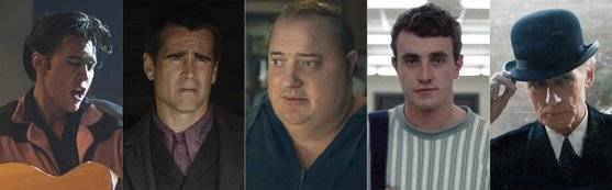 올해 아카데미 시상식 남우주연상 후보들. (왼쪽부터) '엘비스'의 오스틴 버틀러, '이니섀린의 벤시'의 콜린 파렐, '더 웨일'의 브렌단 프레이저, '애프터 썬'의 폴 메스칼, '리빙'의 빌 나이. [AP=연합뉴스]